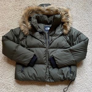 The North Face Dealio Down Crop Olive Green Puffer Jacket with Faux Fur Hood